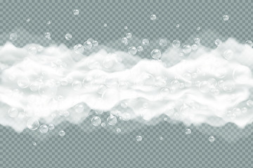 Bath foam isolated on transparent background. Shampoo bubbles texture.Sparkling shampoo and bath lather vector illustration.
