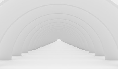 The white abstract three-dimensional composition. Round tunnel of repetitive circular structures, the light in perspective. 3D rendering illustration