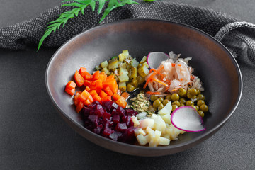 Vinaigrette salad from pickled, boiled vegetables, cabbage, beets, potatoes