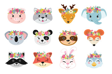Obraz premium Animal heads illustrations set. Vector illustration of beautiful mammals. 
