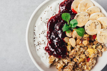 crunchy muesli on bright background