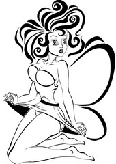 adult fairy with wings sits on her knees and her hair and dress fluttering from the wind, stylized drawing in black color, logo, isolated object on a white background, vector illustration,