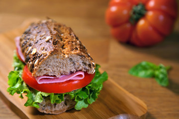 Homemade sandwich with tomatoes, salami and salad