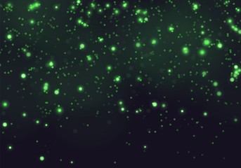 Green bokeh light background. Sparkle effect with particles. Magic overlay dust. Glitter blur texture.