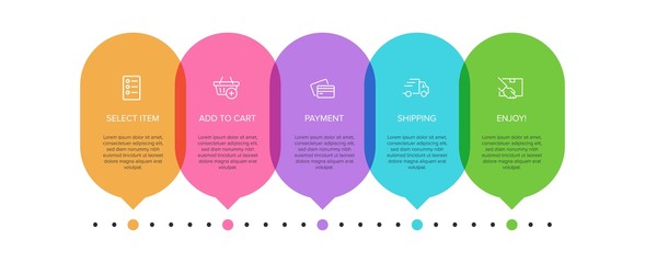 Concept of shopping process with 5 successive steps. Five colorful graphic elements. Timeline design for brochure, presentation, web site. Infographic design layout.