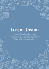 Home appliances - vertical card with text and vector outline illustrations of home and kitchen machines for graphic design