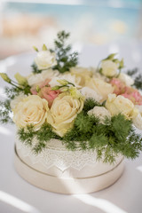Wedding flowers composition on the table by the sea