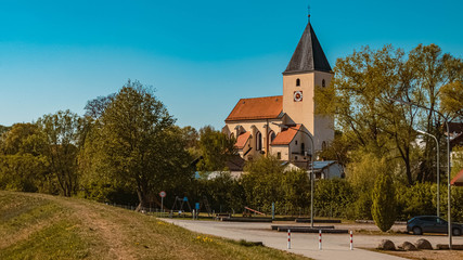 Beautiful spring view with a beautiful church at Walchsing, Vils, Bavaria, Germany