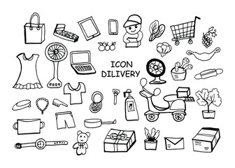 Icon Delivery vector image Delivery of parcels, utensils and food using a shipping box near the door due to the coronary outbreak of the C0vid-19 virus. Safe. No home delivery.