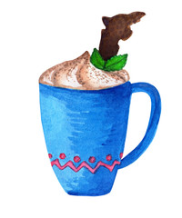 Blue ceramic mug of cappuccino. Milk foam topping, mint leaves and a piece of chocolate. Cup of coffee. Watercolor illustration isolated on white background. Nice thing for menu and card design.

