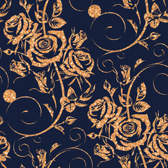 Naadloos bloemenpatroon met gouden bloemen - rozen op donkerblauwe achtergrond. Hand getekende bloemen herhalen sieraad van bloesems in schets stijl. Bruikbaar voor inpakpapier, omslagen, textiel.