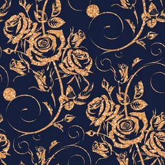 Keuken foto achterwand Blauw goud Naadloos bloemenpatroon met gouden bloemen - rozen op donkerblauwe achtergrond. Hand getekende bloemen herhalen sieraad van bloesems in schets stijl. Bruikbaar voor inpakpapier, omslagen, textiel.