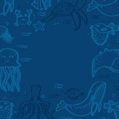 Fototapeta na wymiar World Oceans day frame with ocean animals isolated. Lettering hand drawn text. Greeting card for Ocean day celebration. Vector outline illustration.