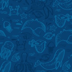 Blue seamless pattern with ocean animals. World Oceans day text hand drawn lettering isolated. Ocean day celebration. Vector outline illustration.