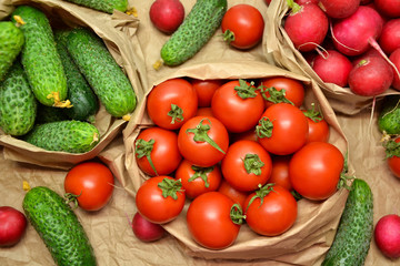 Fototapeta na wymiar Fresh vegetables from farmers market. Cucumbers, tomatoes, radish. Pickle cucumbers. Organic vegetables. Salad ingredients.