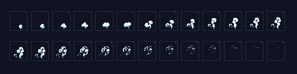 Smoke animation. Animation of smoke effect. Sprite sheet for game, cartoon or animation. 2d classic animation smoke effect.