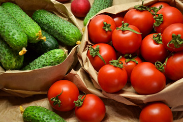 Fresh vegetables from farmers market. Cucumbers, tomatoes, radish. Pickle cucumbers. Organic vegetables. Salad ingredients.
