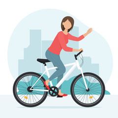 Woman riding bike on city background. Vector illustration in flat style