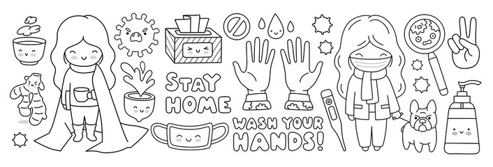 Coronavirus pandemic, covid-19. Outline elements and characters. Stay home, wash hands. Cartoon vector illustration.