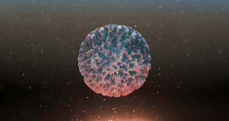 3D render of an abstract ring-textured ball of ice, floating in a particle media.