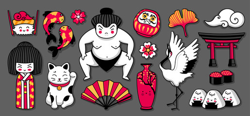 Kawaii japanese geisha girl, sumo wrestler, maneki-neko, koi carps, onigiri and sushi. Set of cartoon stickers, patches, badges, pins. Doodle style. Cute cartoon vector illustration.