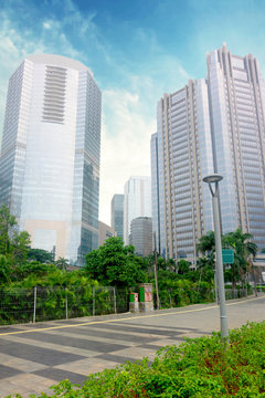 Empty Sidewalks In The Background Of The Building And Beautiful Sky