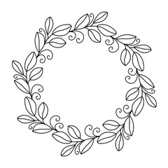 Fototapeta na wymiar A wreath of twigs with leaves and decorative elements. Outline vector illustration of a frame wreath with place for text on a white background. Isolated object for greeting cards, invitation.