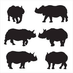 Vector rhinoceros illustration. Set of black rhinos isolated on white background. Rhino animal silhouette pack. Symbol set of six.