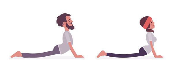 Young yogi man and woman in sports wear practicing yoga, partners doing Cobra pose, Bhujangasana exercise, stress-free yogic practice. Vector flat style cartoon illustration