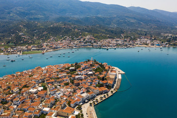 Aerial view landscape of Poros city, Lakonia Greece