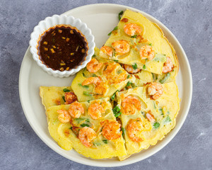 Korean Shrimp Pancake Slices with Sauce Square Photo