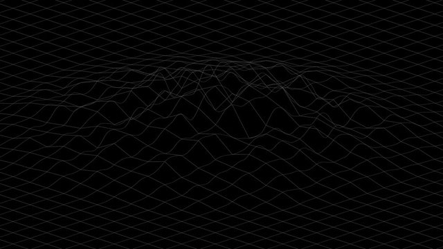 White lines forming distorted surface on black background. Abstract CG seamless loop animation. 3d rendering.