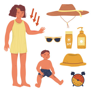 Kids Sun Protection Vector Flat Illustration. SPF Cream And Protective Stuffs For Skin. Kid Sun Cream. Heat Stoke And Danger Of The Sun. Cartoon Flat Illustration.