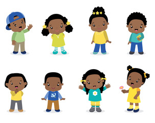 Cute Little African American Children in Colorful Clothes Happy Standing Poses Vector Illustration Clip Art Collection Set Isolated on White set 2