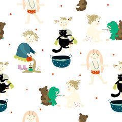 Seamless pattern with little girl in different activities on the white background. For textiles, wallpapers, designer paper, etc