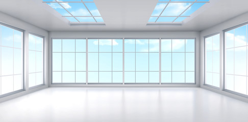 Empty office with large windows on ceiling and floor. Room interior in white colors. Internal structure of modern city architecture, inner design project visualization Realistic 3d vector illustration