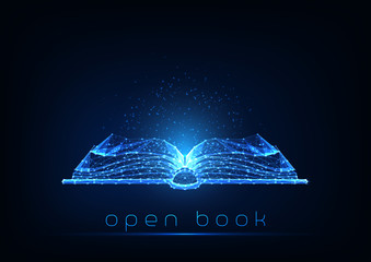 Futuristic glowing low polygonal open book isolated on dark blue background.