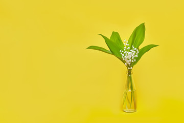 Beautiful lilies of the valley on a yellow background with place for text. Mockup for greeting card.
