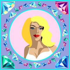 Beautiful woman with jewelry, retro style. Pop art. Summer holiday. Modern ornamental decorative background. Square print for textile, cloth, scrapbooking