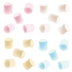 Tasty color marshmallows isolated on white background. White, pink, blue and yellow marshmallow set.