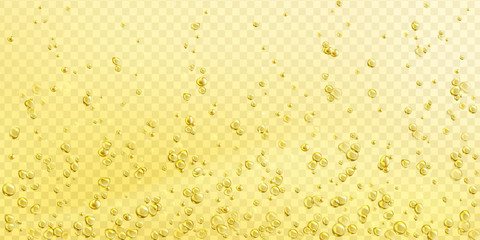 Air bubbles on yellow champagne, soda drink or water surface abstract background. Dynamic fizzy motion, transparent champagne with moving underwater fizzing or moisture drops, realistic 3d vector.