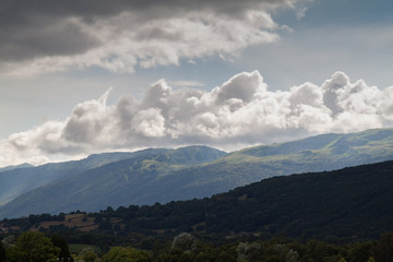 Mount Jura Alps in France, Ain  before the rain. Mountains in the fog.