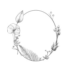 Oval frame with graphic flowers and leaves, floral frame on white isolated background