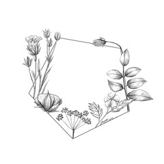Polygonal frame with graphic flowers and leaves, floral frame on white isolated background