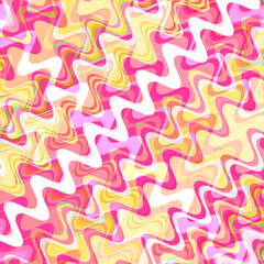 Bright colorful background, diagonal intersection of transparent wavy stripes of arbitrary width. Harmonious combination of white, yellow, pink and bright Persian pink flowers, vector.