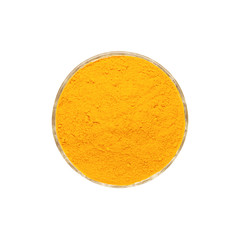 Turmeric powder in glass bowl isolated on white background.