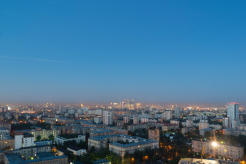 Moscow city landscape panorama at red sunrise
