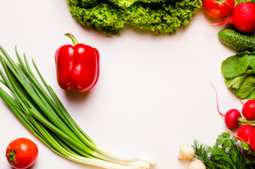 Fresh vegetables. Healthy eating.Leaves of lettuce salad, radish, green onion, bell pepper, cucumber, parsley, dill on a white background.Vegetarian food. Place for text.