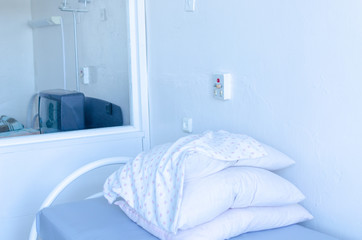 isolated hospital room with a bed and medical equipment in the hospital. Patient room in quarantine isolation. epidemic Coronavirus, MERS-CoV, 2019-nCoV, Covid-19 self-isolation, pandemic