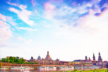 Naklejka premium The picturesque view of old Dresden over the river Elbe at dawn. Saxony, Germany, Europe.